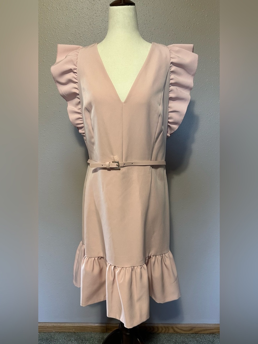 Tommy Hilfiger Ruffle Flutter Sleeve Sheath Dress SZ 12 Preppy Blush Pink W Belt